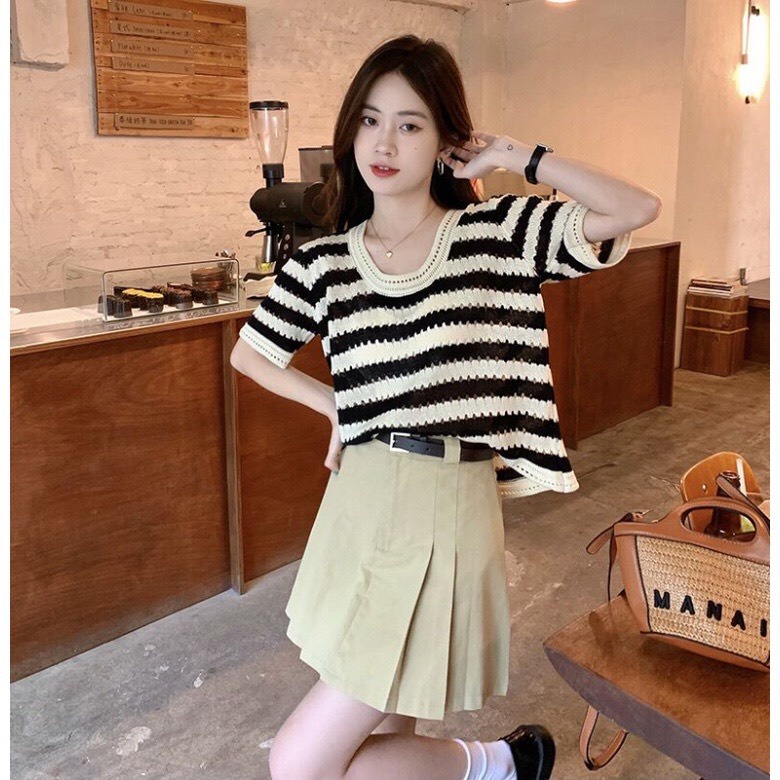 Áo Ngắn Tay Mongtoghi Len Kẻ Lưới Phong Cách Ulzzang Hàn Quốc Hottrend