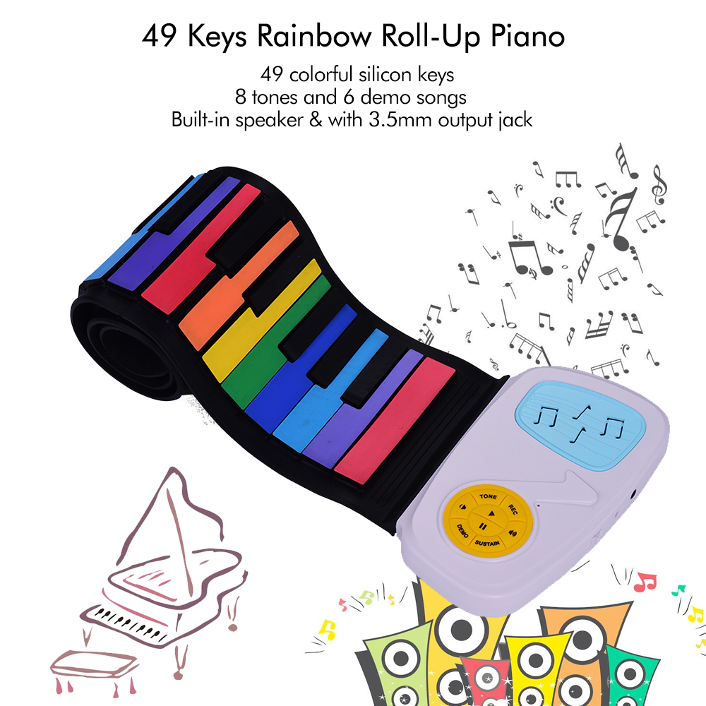 49 Keys Rainbow Roll-Up Piano Electronic Keyboard Colorful Silicon Keys Built-in Speaker Musical Education Toy for Children Kids