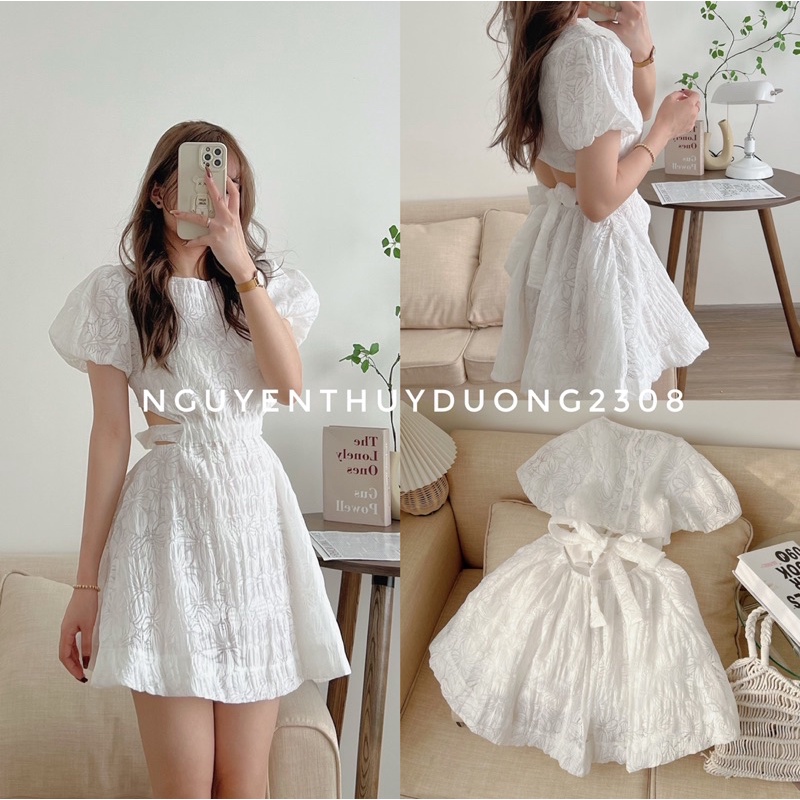 VÁY REN HOA CÚC BỌC NƠ LƯNG TAY BỒNG”CLARY DRESS” TIỂU THƯ