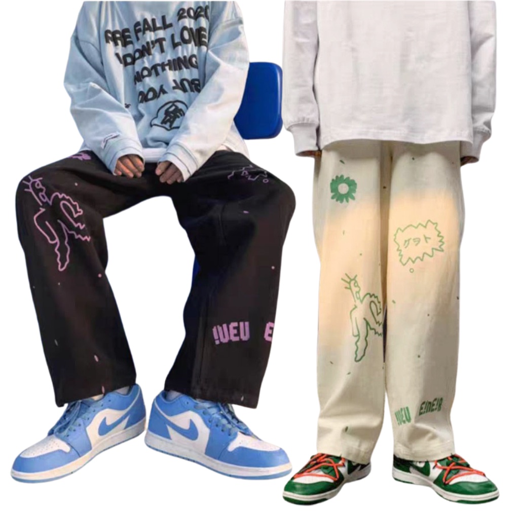 [ MỚI HÓT ] Quần jogger nam nữ ống rộng vải cartoon dáng dài họa tiết thể thao