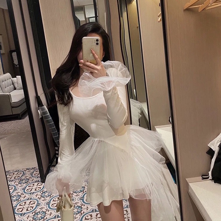 Đầm Lưới Tay Phồng Ngắn Ống Loe Phong Cách Phương Tây Quyến Rũ Chống Chói Cho Nữ [Cửa Hàng]