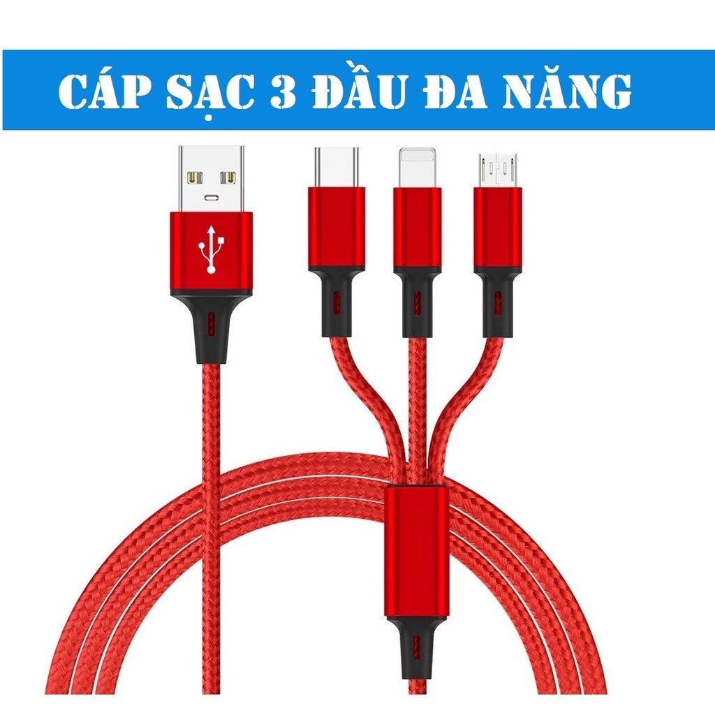 Cáp Sạc 3 Đầu Thông Minh 3 in 1 Tích Hợp MicroUSB Type C-Dây Sạc 1m2 Nhiều Đầu Đa Năng