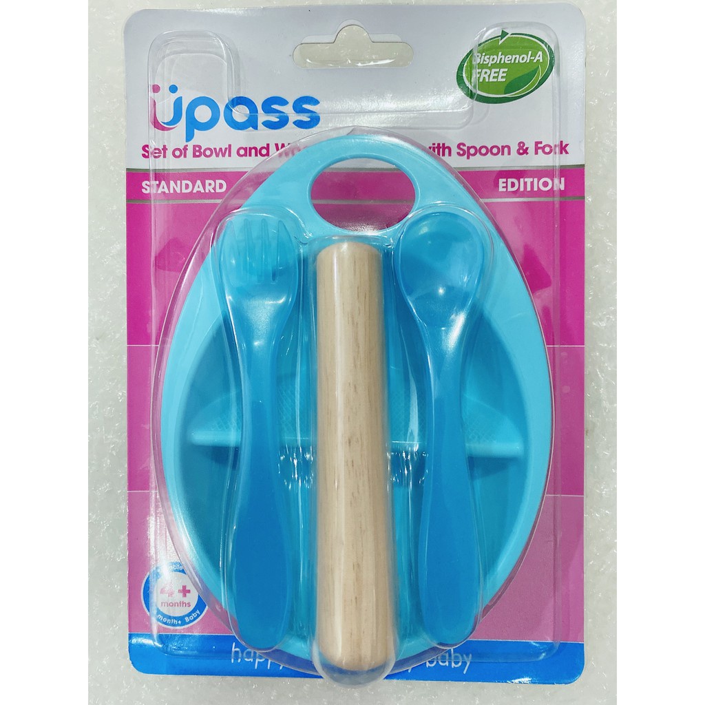 Bộ Bát Nghiền Thức Ăn Bằng gỗ kèm thìa dĩa Upass Thái Lan