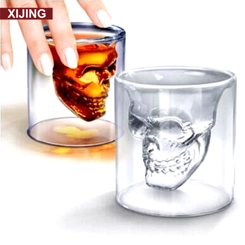【COD】Cốc thủy tinh hai lớp trong suốt thiết kế hình đầu lâu sáng tạo