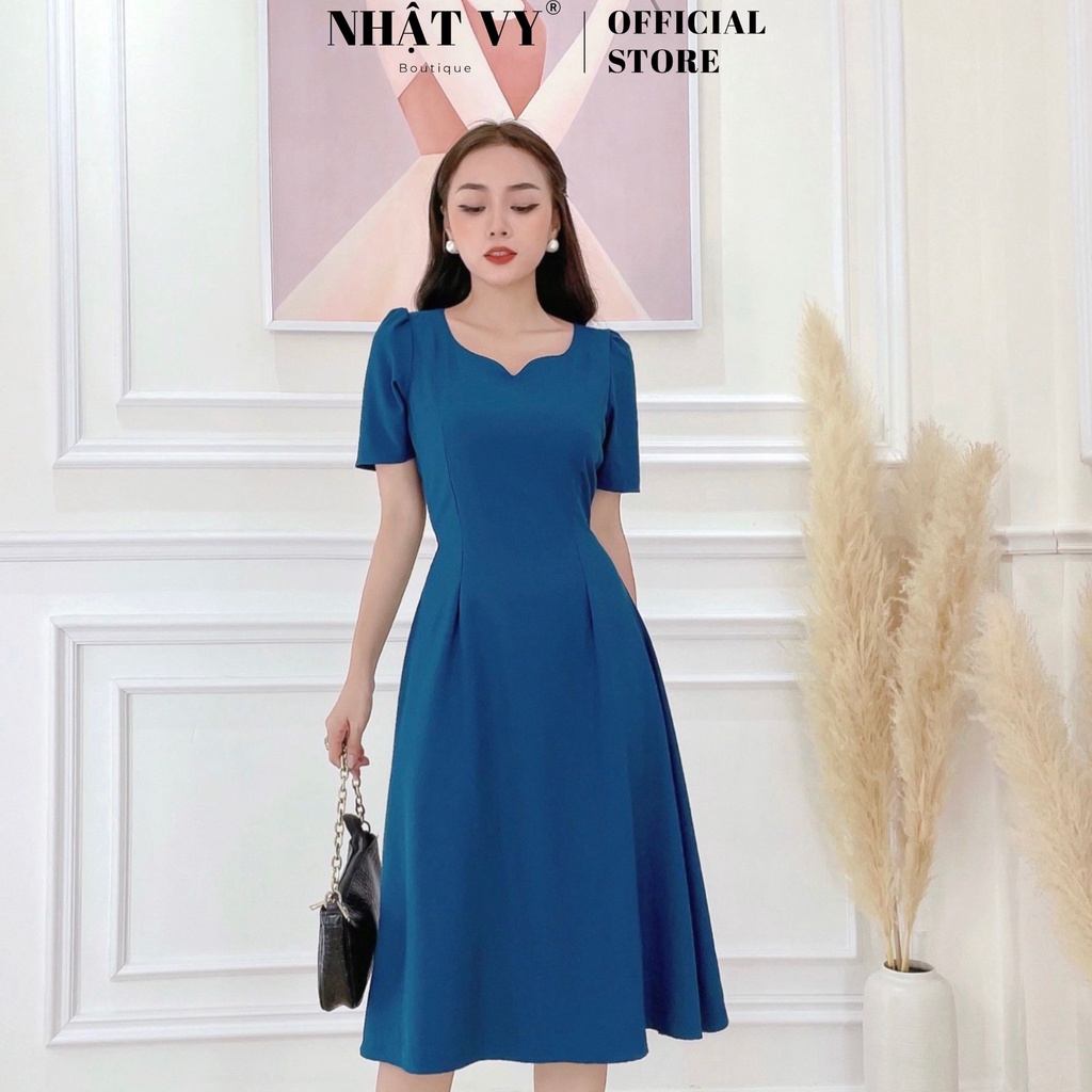 Đầm dự tiệc dáng xoè Nhật Vy cổ cách điệu tay ngắn chất cotton phù hợp đi chơi, dạo phố, cafe sang chảnh - D2386