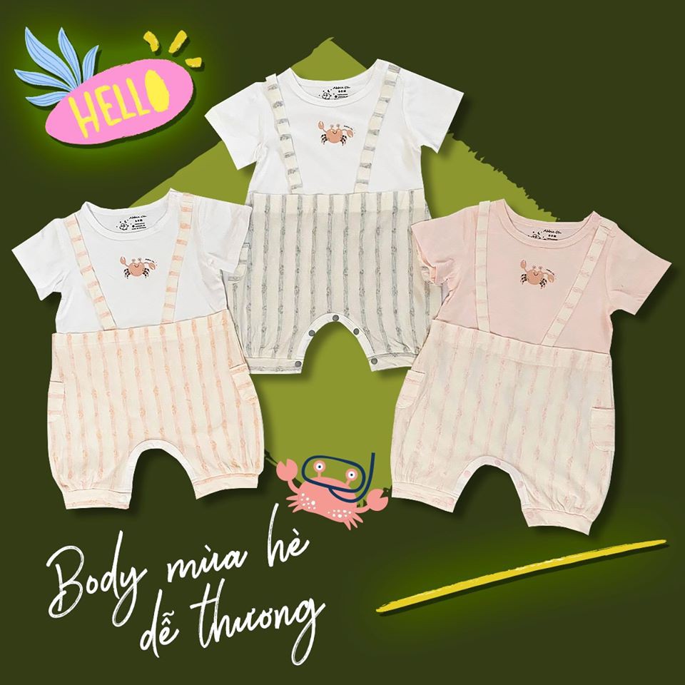 Bộ liền Abbie Oh cộc in hình cài vai kẻ hồng 6M Thương hiệu: Abbie Oh (Việt Nam)