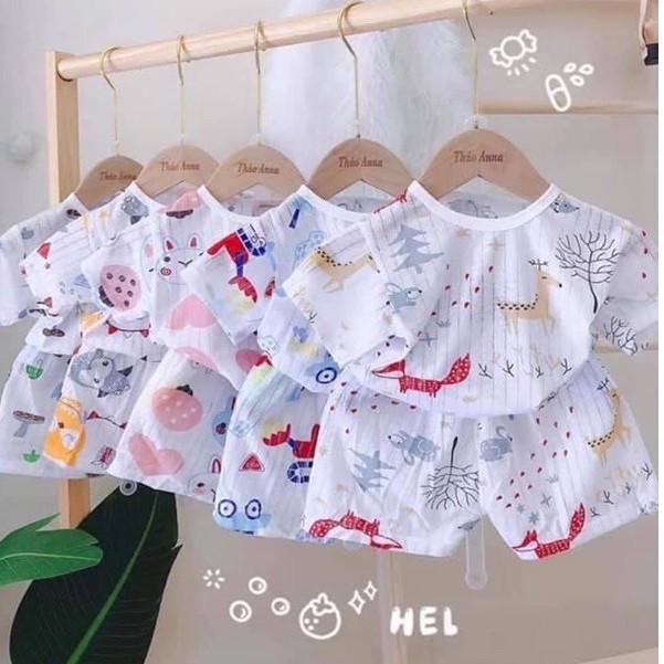 Bộ cộc tay cài vai cotton giấy cho bé sơ sinh, hàng đẹp - BO3