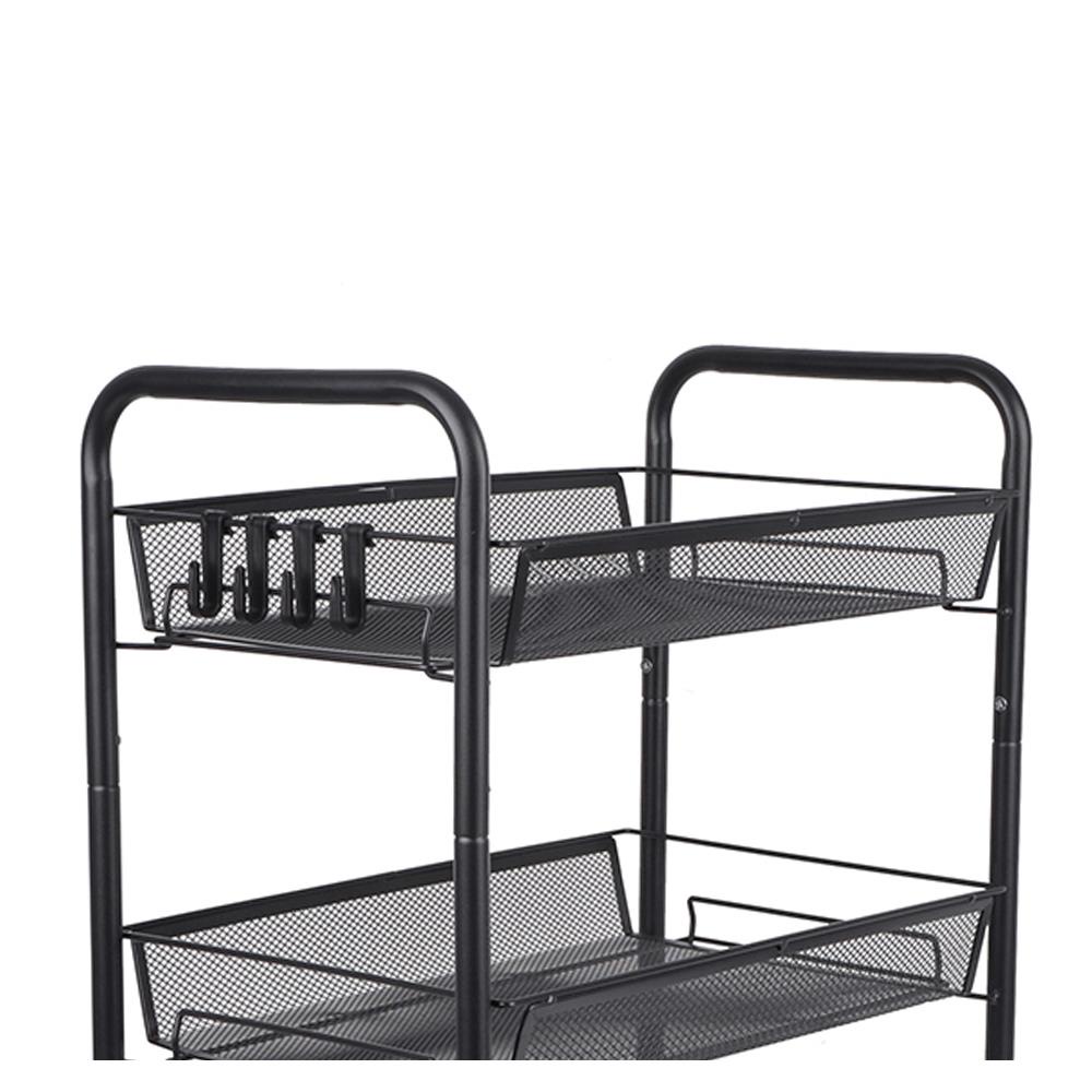 HomeBase STACKO Kệ 3 tầng bằng lưới thép có bánh xe có 4 móc treo IVY W45xH63xD26cm màu đen