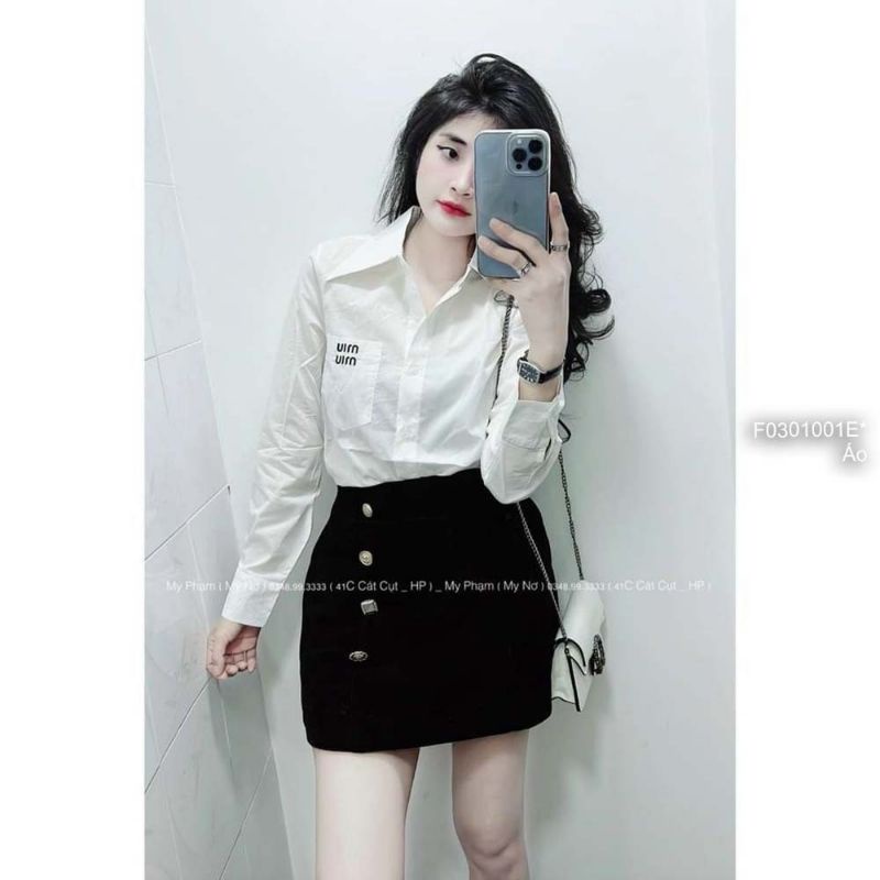 Áo sơ mi nữ trắng dài tay form rộng miumiu xinh xắn