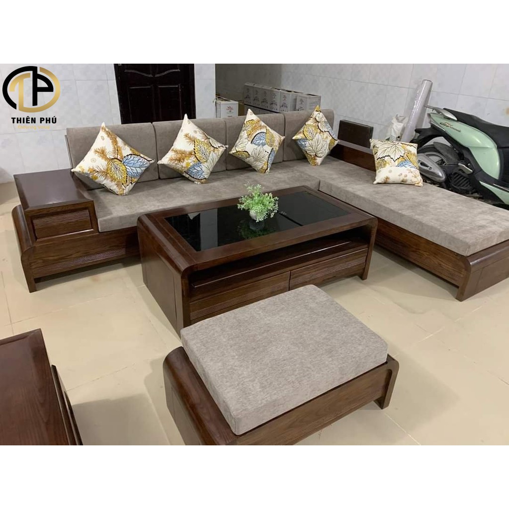 Sofa gỗ sồi chữ L chân cuốn TPG - 17