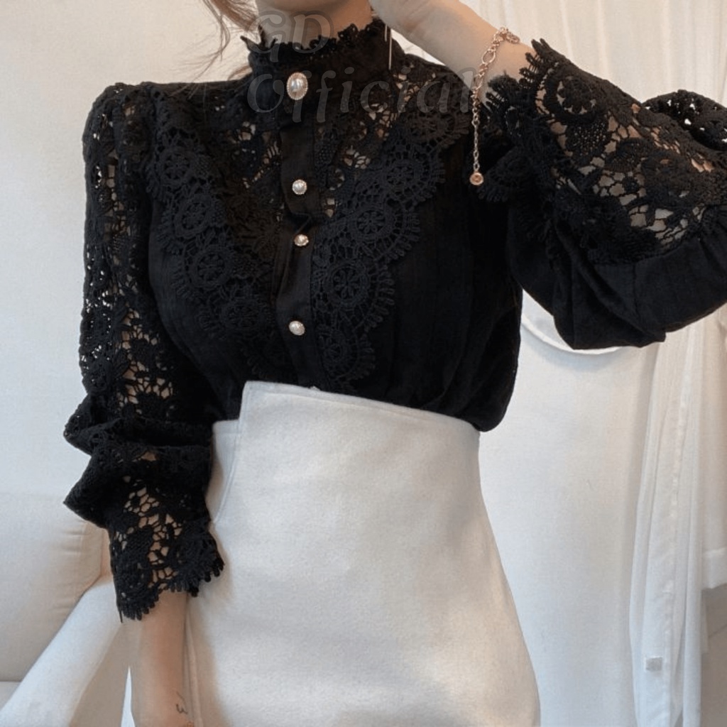 A11|Áo sơ mi sang trọng chất cotton phối ren tinh tế cho nữ khóa cài nút tinh tế dài tay màu trắng, be, đen GD Official