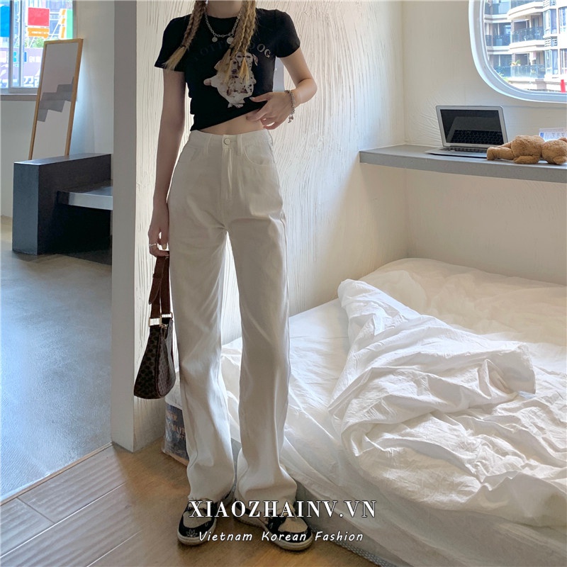 Xiaozhainv Quần Jean Ống Rộng Lưng Cao Phong Cách retro Thời Trang Hàn Quốc Có 2 Màu Lựa Chọn