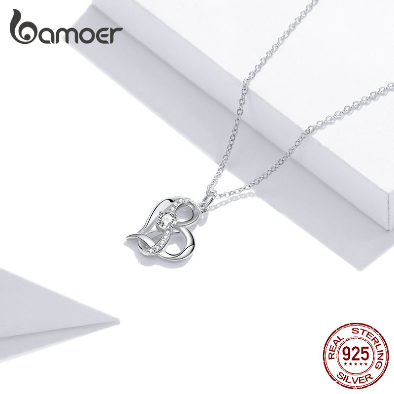 Vòng Cổ Bamoer SCN442 Bằng Bạc 925 Bạch Kim Với Mặt Hình Trái Tim &amp; Đá Zircon Khối Thời Trang Cho Nữ