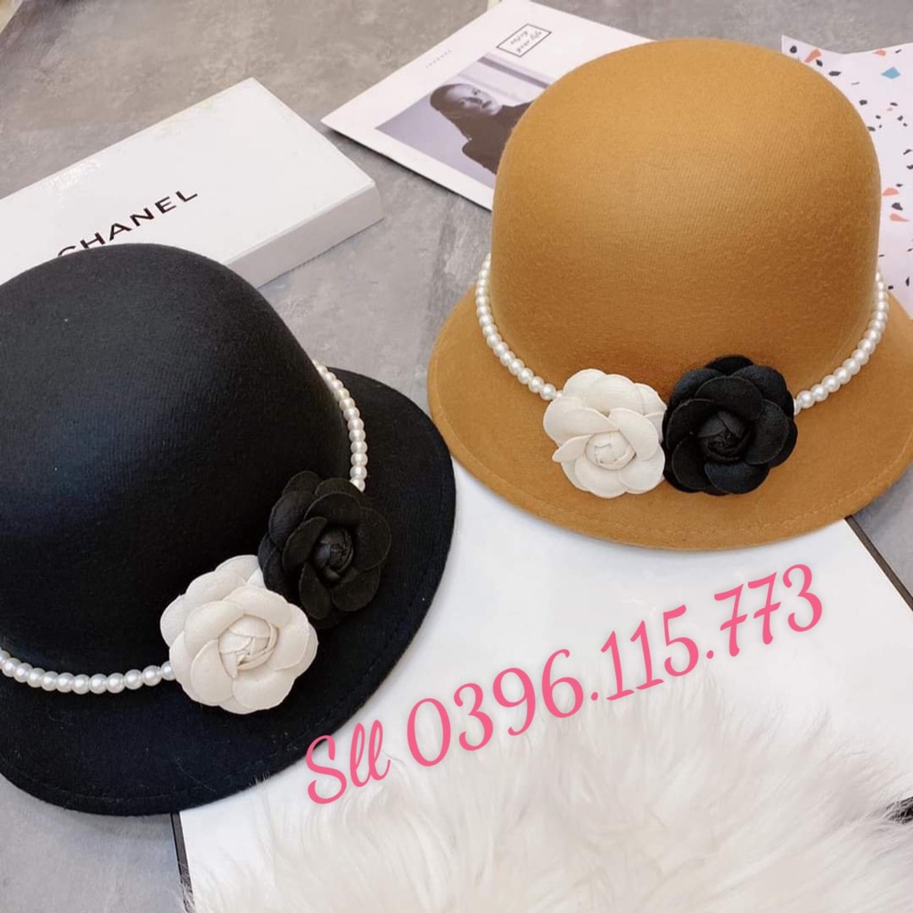 Mũ dạ tiểu thư vành cụp đầu tròn đai ngọc đính hoa Chanleo siêu sang chảnh!!