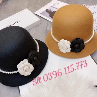 Mũ dạ tiểu thư vành cụp đầu tròn đai ngọc đính hoa Chanleo siêu sang chảnh!!
