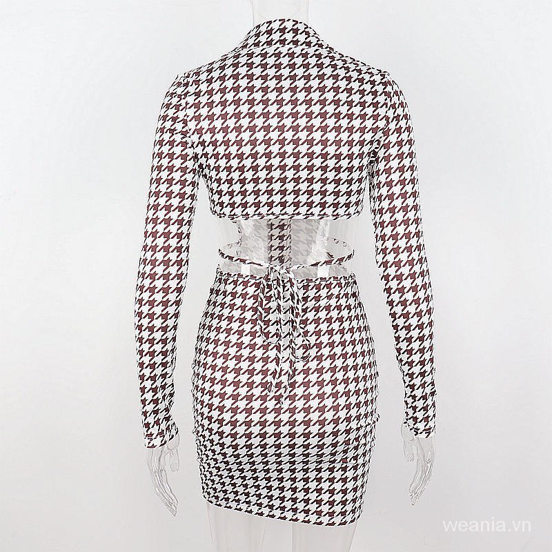 Đầm tay dài cổ polo họa tiết sọc caro thời trang cho nữ