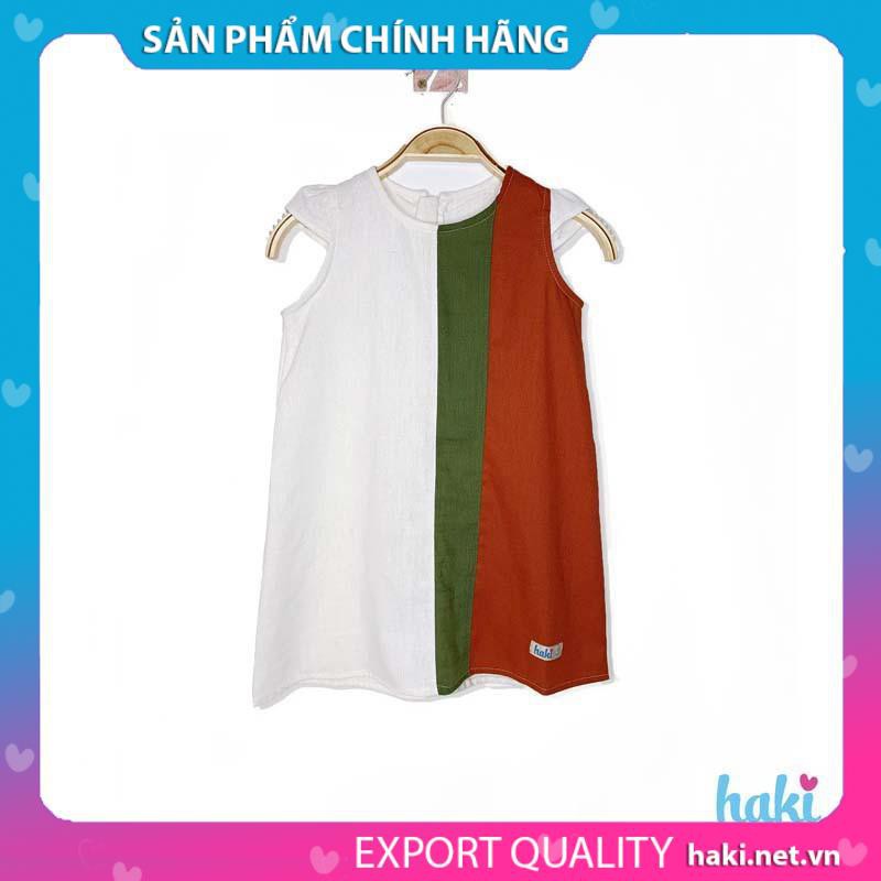 Váy bé gái linen suông chữ A phối kẻ sọc HK508, đầm hè thiết kế cho bé từ 10-27kg Haki