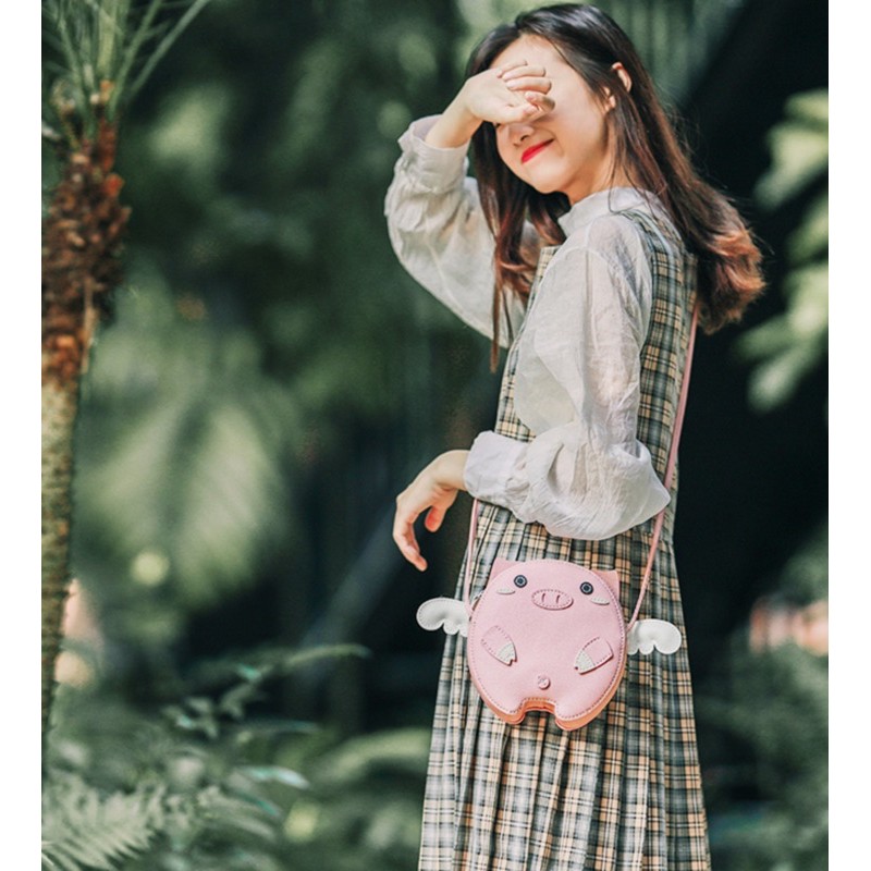 DIY bộ kit túi da đeo chéo Ulzzang tự may hình heo con đáng yêu nguyên liệu đầy đủ cắt sẵn làm quà tặng ý nghĩa lenmade