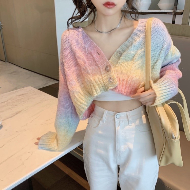 Áo khoác cardigan cổ chữ V dáng rộng màu cầu vồng thời trang Hàn Quốc | BigBuy360 - bigbuy360.vn