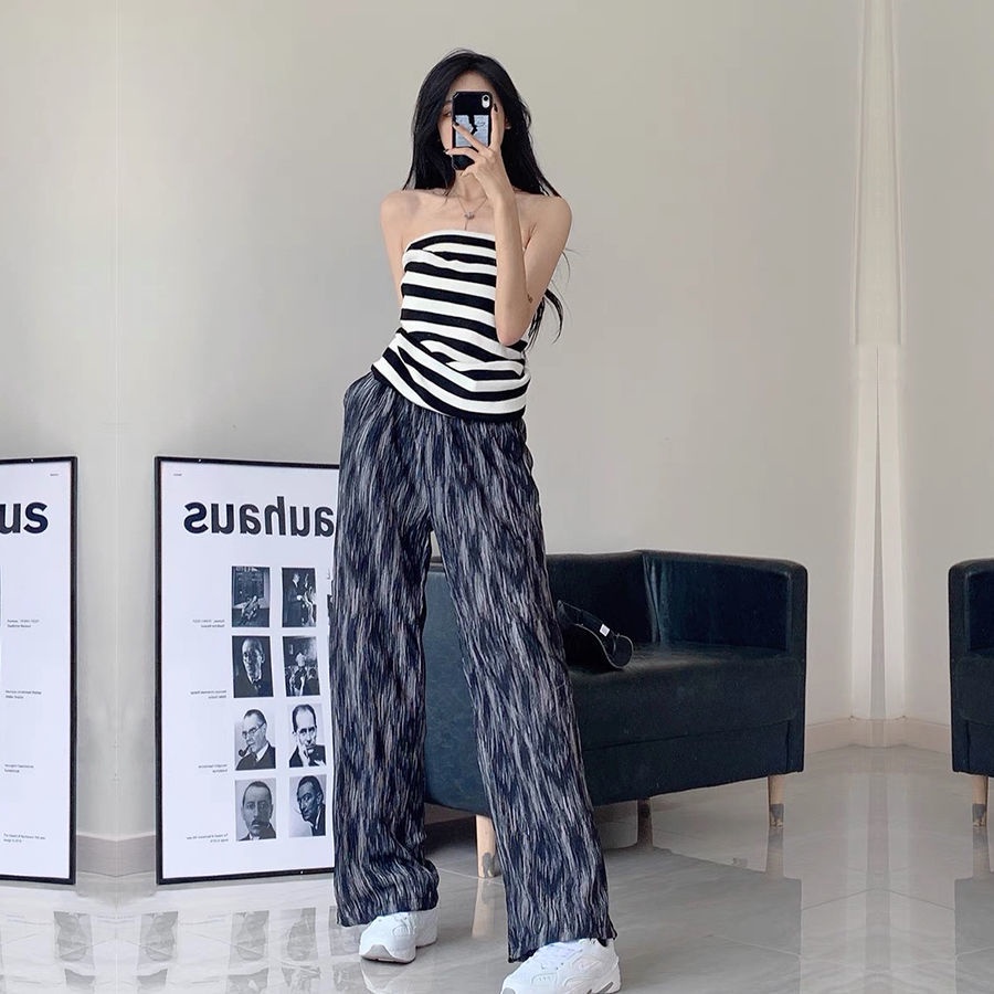 Happy-store 💋 quần đen nữ ống rộng Lưng Thun In Họa Tiết Hoạt Hình Cá Tính Phong