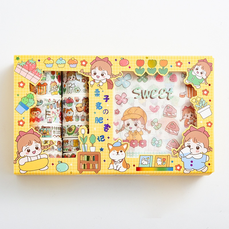 Hộp Sticker Cute, Washi Tape Sticker Cô Gái kute Set 10 Washi tape 10 Stickers Trang Trí Sổ Tay
