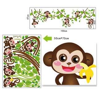 Hình dán tường Khỉ con đu dây trang trí phòng cho bé - decal có keo sẵn dễ dàng bóc dán tại nhà