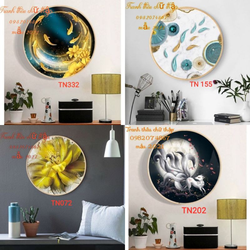 Tranh thêu chữ thập chỉ lụa hoa kim sắc, cá kim sắc cửu vĩ hồ