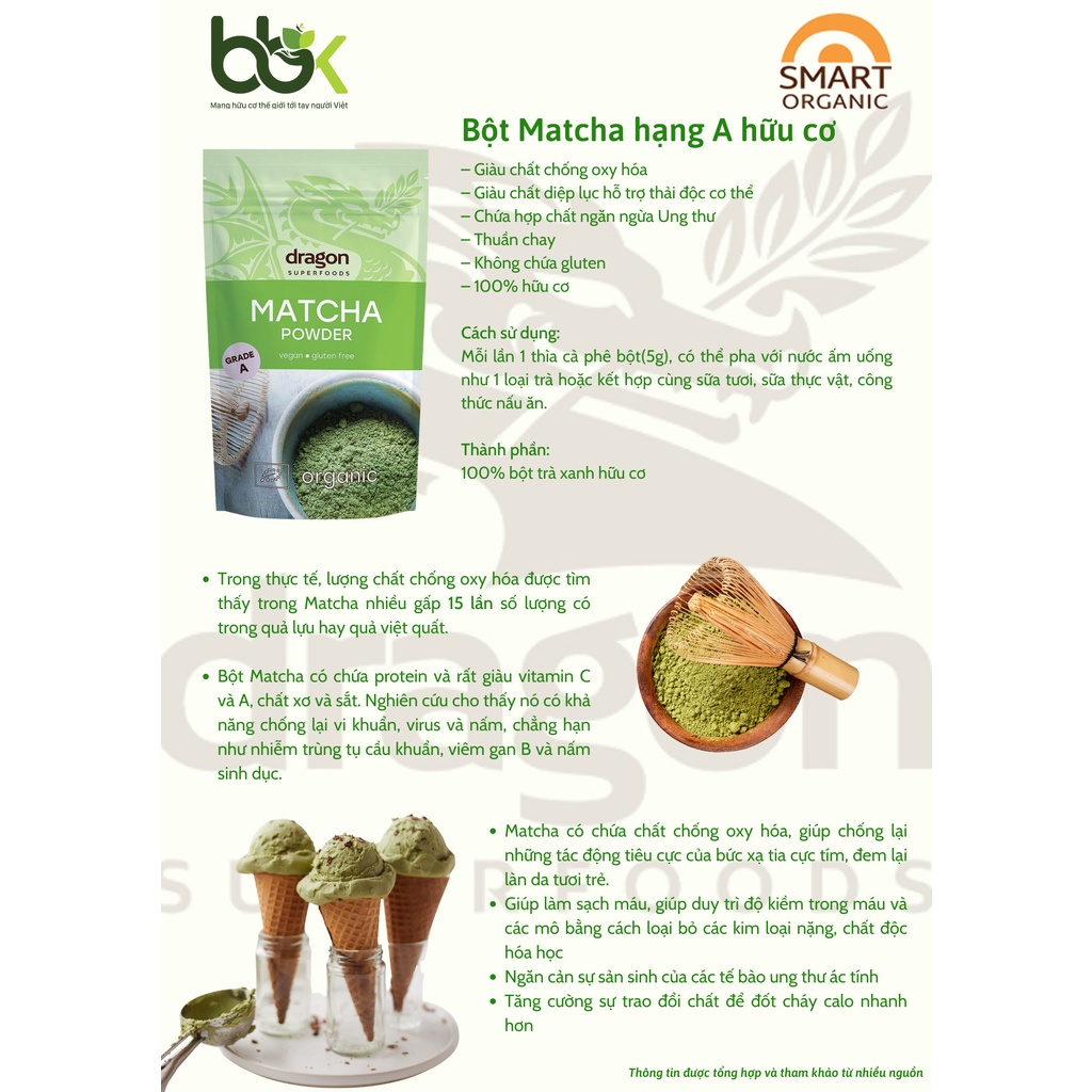 Bột trà xanh hữu cơ Matcha hạng A Dragon Superfoods 100g