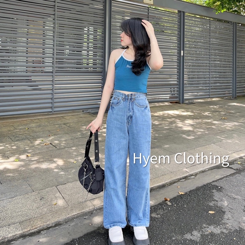 Quần jean nữ lưng siêu cao dáng ống rộng màu xanh nhạt, hàng cao cấp - Ms04