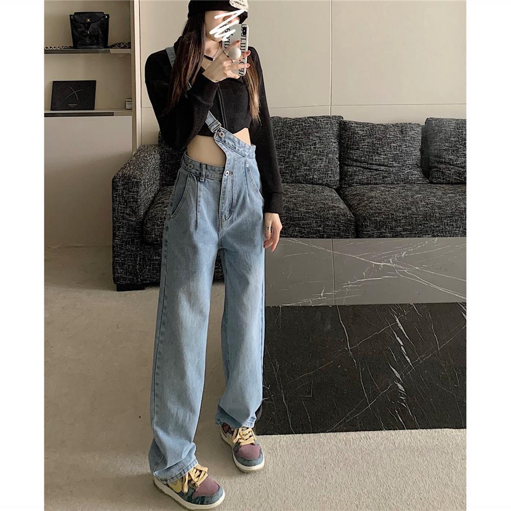 Quần Yếm Denim Dáng Suông Thiết Kế Lệch Tà Thời Trang Đường Phố 2022 Cho Nữ