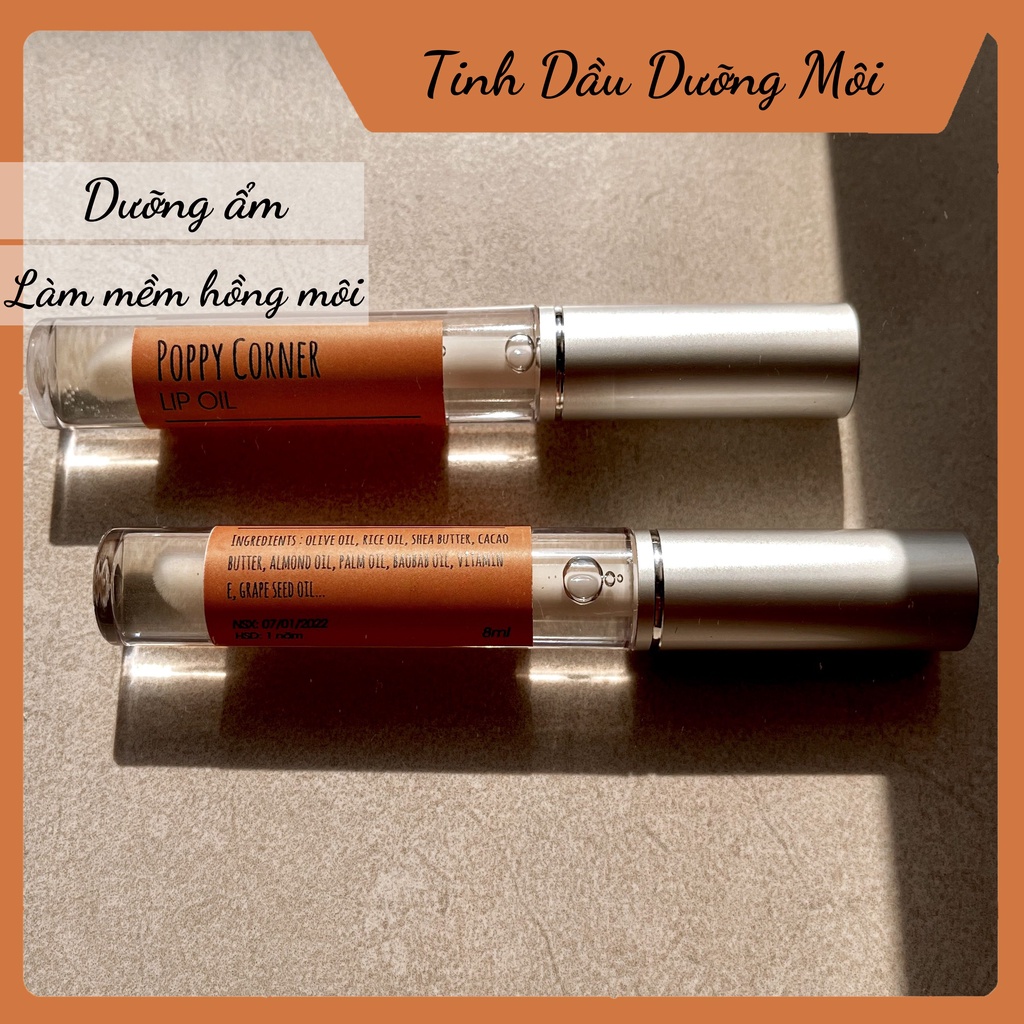 Tinh Dầu Dưỡng Môi- Lip Oil, Làm Mềm Môi,Làm Hồng Môi,Dưỡng Ẩm, Vitamin E, Cacao Butter, Almond Oil, 8ml- Poppy Corner