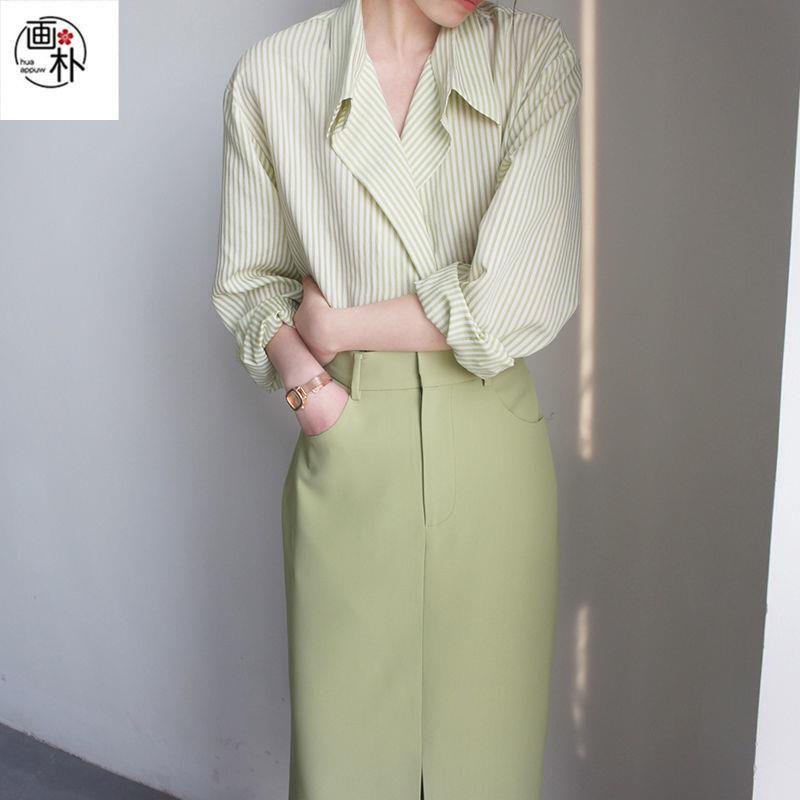 Bộ Áo Sơ Mi Kẻ Sọc + Chân Váy Lưng Cao Thời Trang Xuân Hè 2022 Cho Nữ