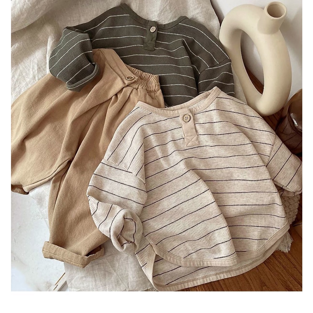 Áo Thun Trơn Tay Dài Cổ Tròn Cài Một Hàng Nút Họa Tiết Kẻ Sọc Thời Trang Mùa Xuân Cho Bé Trai Và Gái