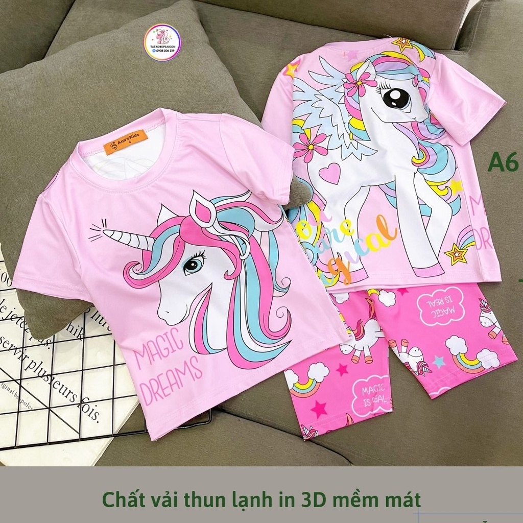 A6 Bộ thun lạnh ngố in 3D mặc nhà bé gái size đại 22 đến 40kg