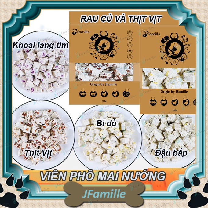 Snack chó mèo JFamille, Viên Phô mai nướng thịt Vịt và rau củ, treat thưởng cho chó, bổ sung Protein và chất xơ. JF176