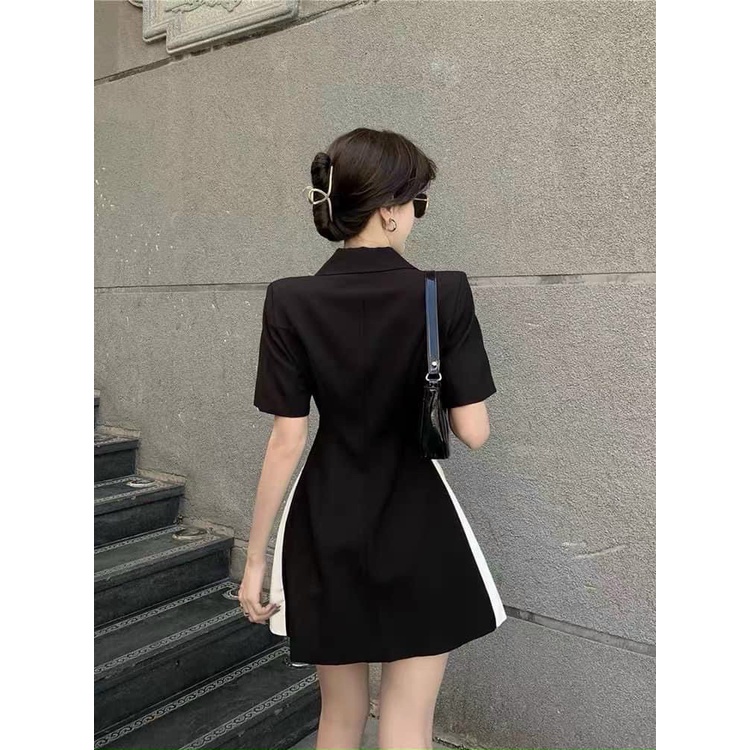 Váy đầm nữ dáng suông cổ sơ mi kiểu vét phối trắng