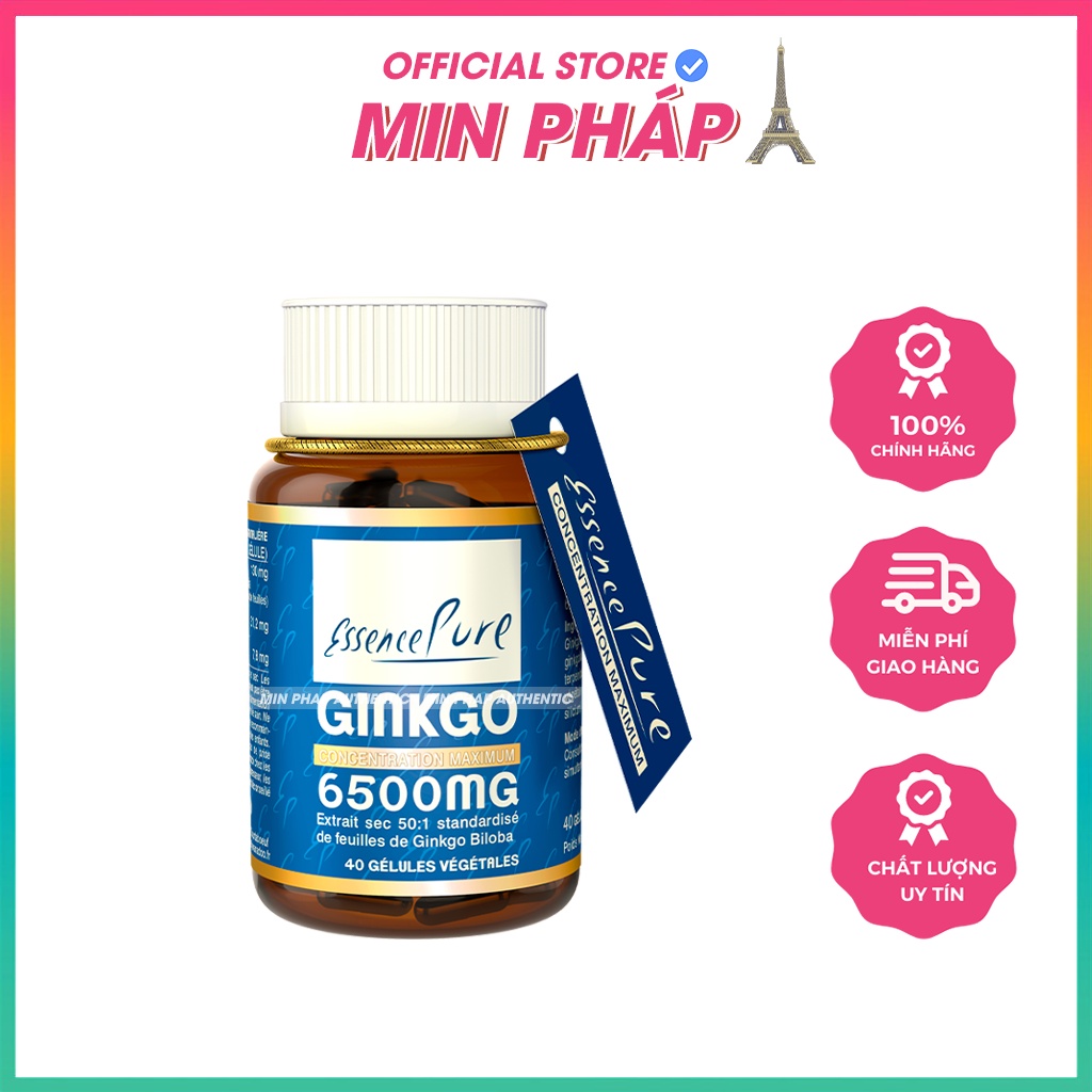 Viên Uống Bổ Não Ginkgo Biloba Essence Pure 6500mg Số 1 Pháp 40 Viên, Hỗ Trợ Huyết Áp, Tiền Đình