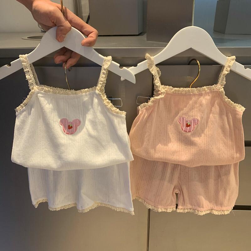 Bộ Đồ Ngủ Hai Mảnh Áo Sát Nách + Quần Short Vải Cotton Mềm Mỏng Thoải Mái Cho Bé Gái