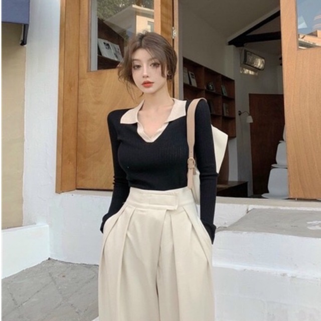 Áo kiểu thun gân body cổ phối td