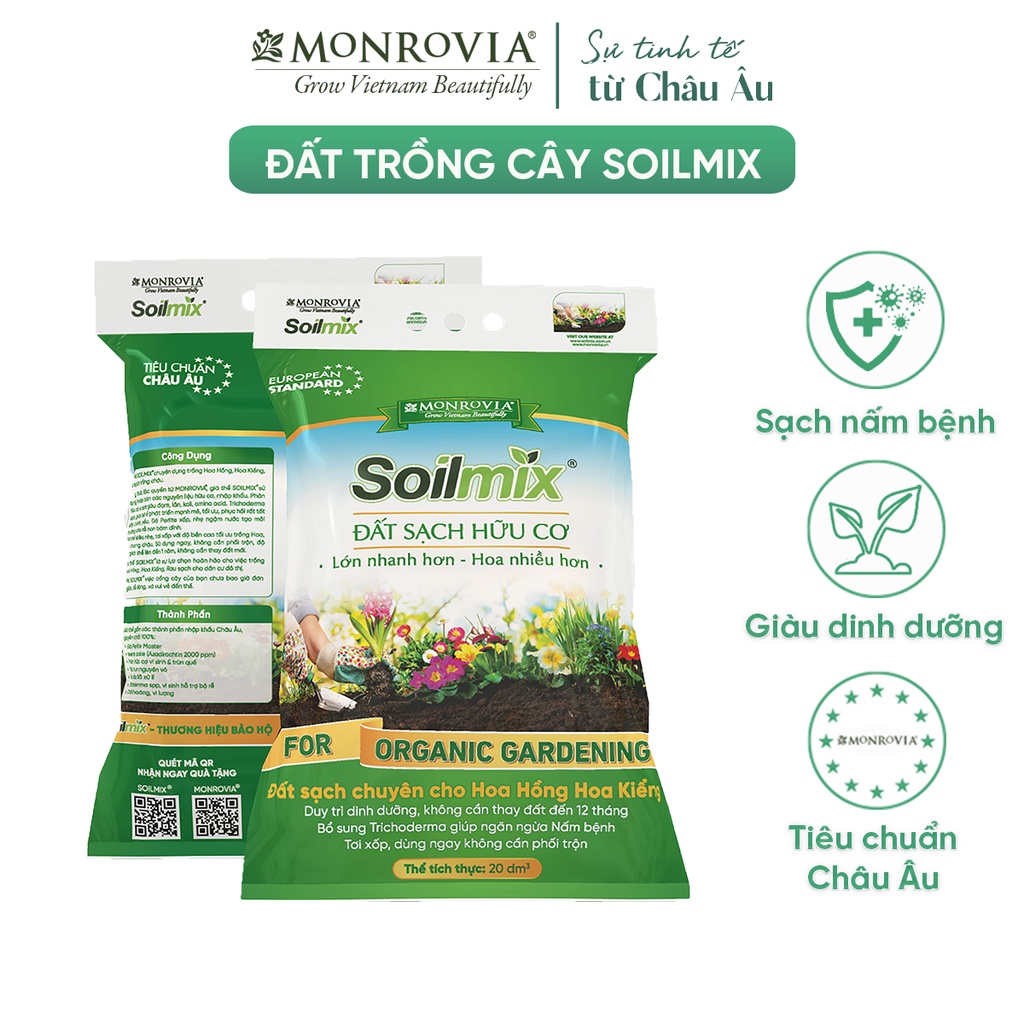 Đất trồng cây soilmix MONROVIA hữu cơ cho hoa hồng, kiểng lá