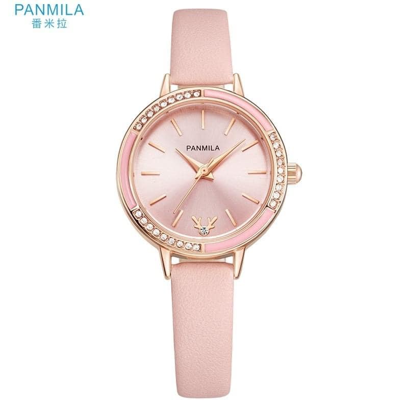Đồng hồ nữ Panmila 0540 mẫu mới 2021 dây da, mặt tròn đính đá