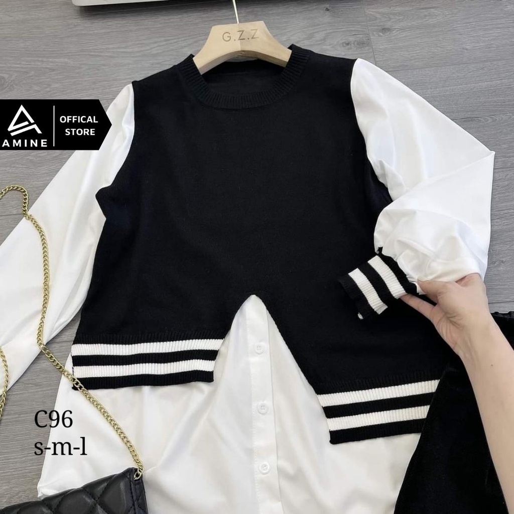 Sơ mi nữ đẹp, Áo sơ mi kiểu phối len dài tay phong cách Hàn Quốc C96