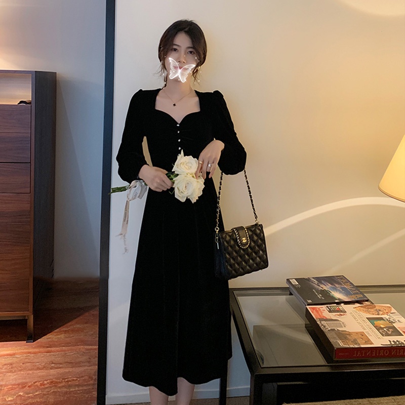 Đầm Nhung Màu Đen Phong Cách Retro Pháp Cho Nữ
