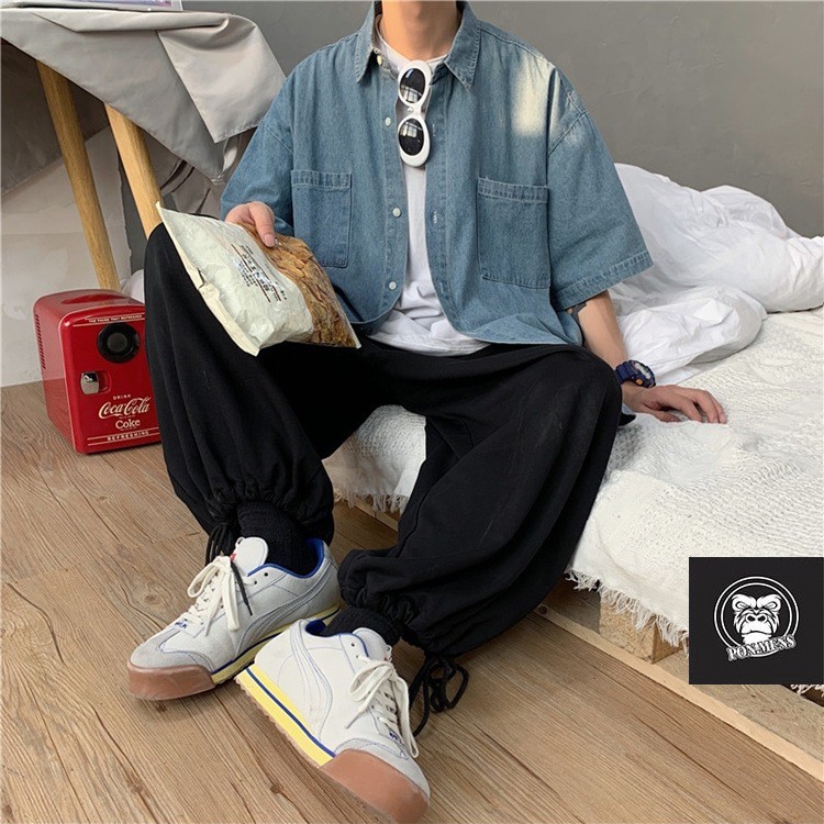 Áo sơ mi jean nam form rộng tay lỡ phong cách Hàn Quốc 2021