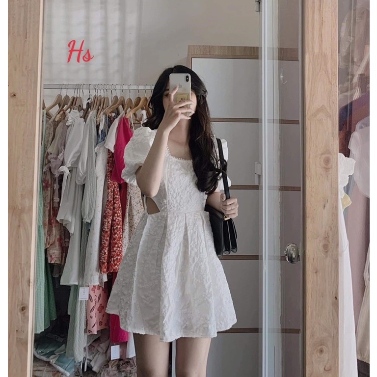 Váy xốp cổ ren khoét eo HS6