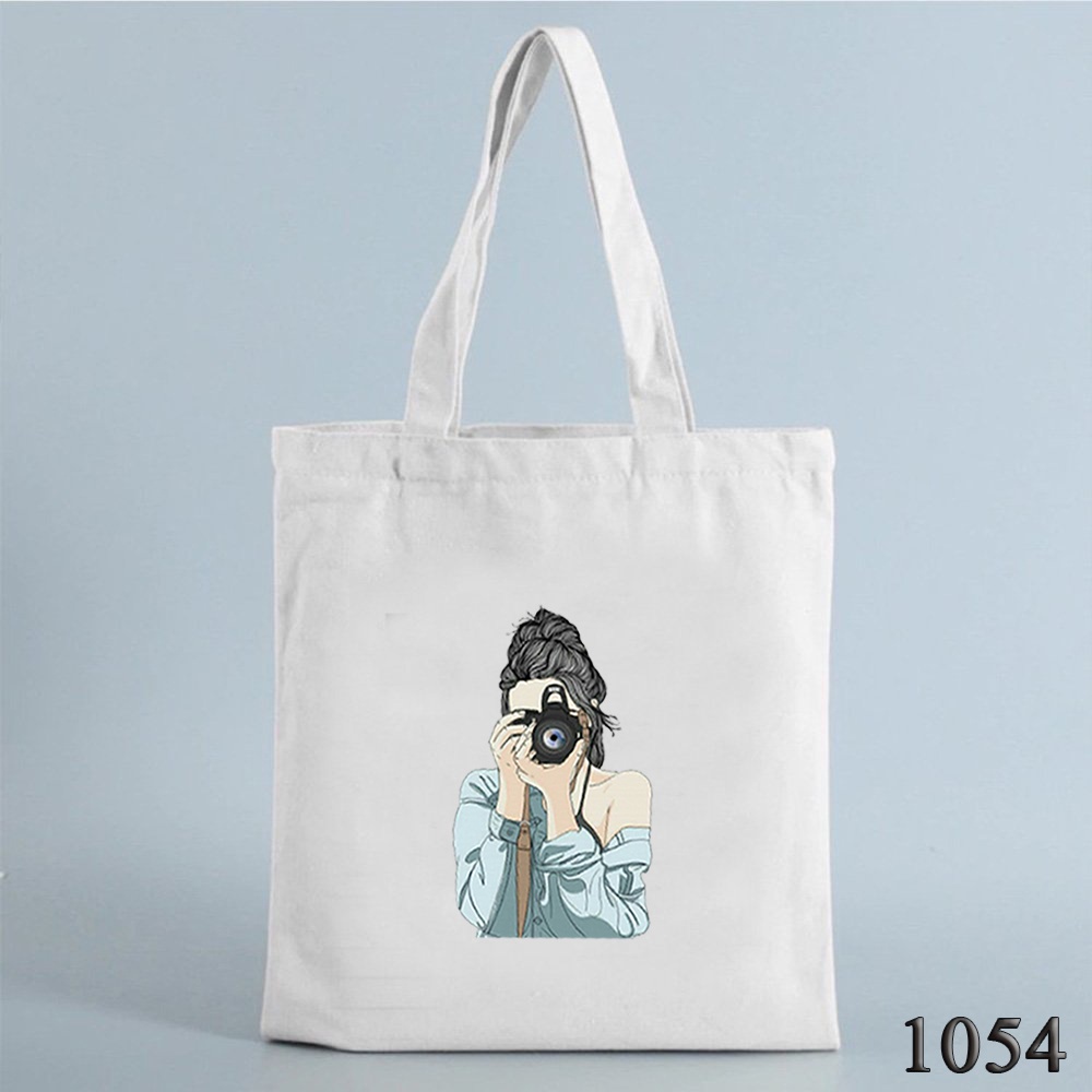 Túi Tote Túi Canvas Trắng Có Khóa Miệng Ngăn Kéo 1054 Họa Tiết Cô Gái Chụp Ảnh Hàng May Công Ty Chuẩn Đẹp