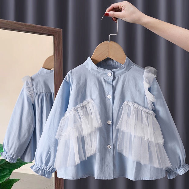 Áo sơ mi tay dài phối ren tầng phong cách Hàn Quốc thời trang xuân thu 2021 cho bé gái