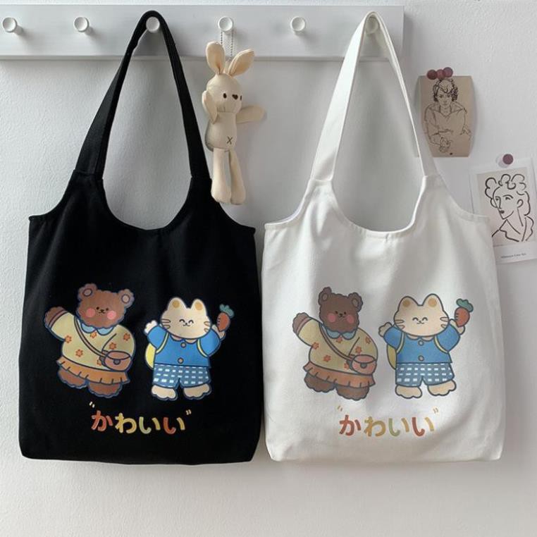 Túi vải canvas đeo vai phong cách Nhật Bản (Gấu+mèo kute)