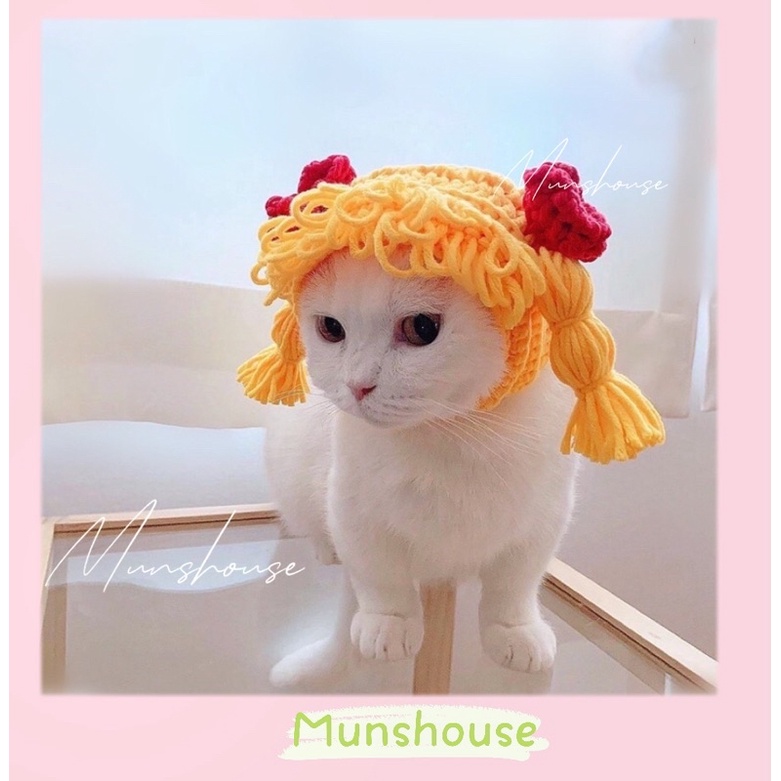Mũ len cô gái tóc vàng tóc nâu cho chó mèo