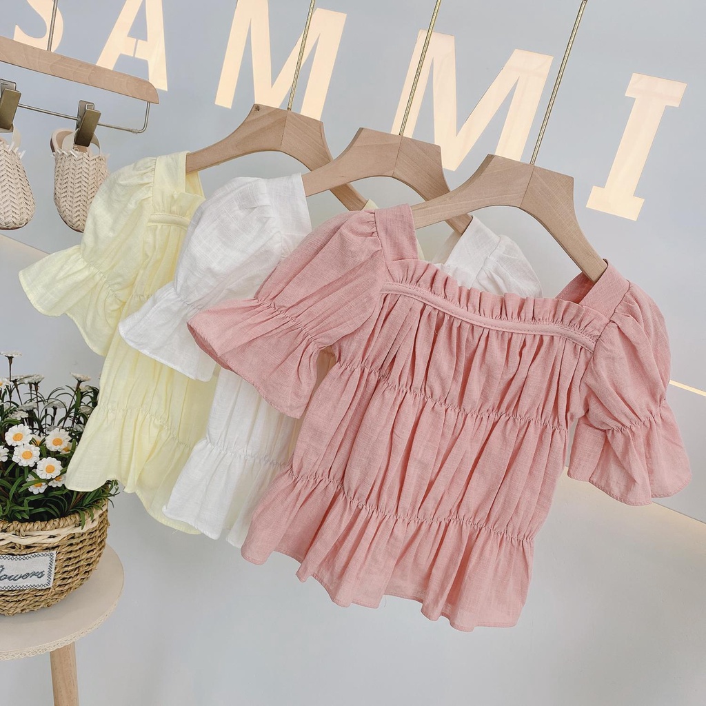 Áo Thun Cotton Tay Ngắn Phồng Xếp Ly Phong Cách Hàn Quốc Nhật Bản Dễ Thương Thời Trang Mùa Hè Dành Cho Bé Gái 2022